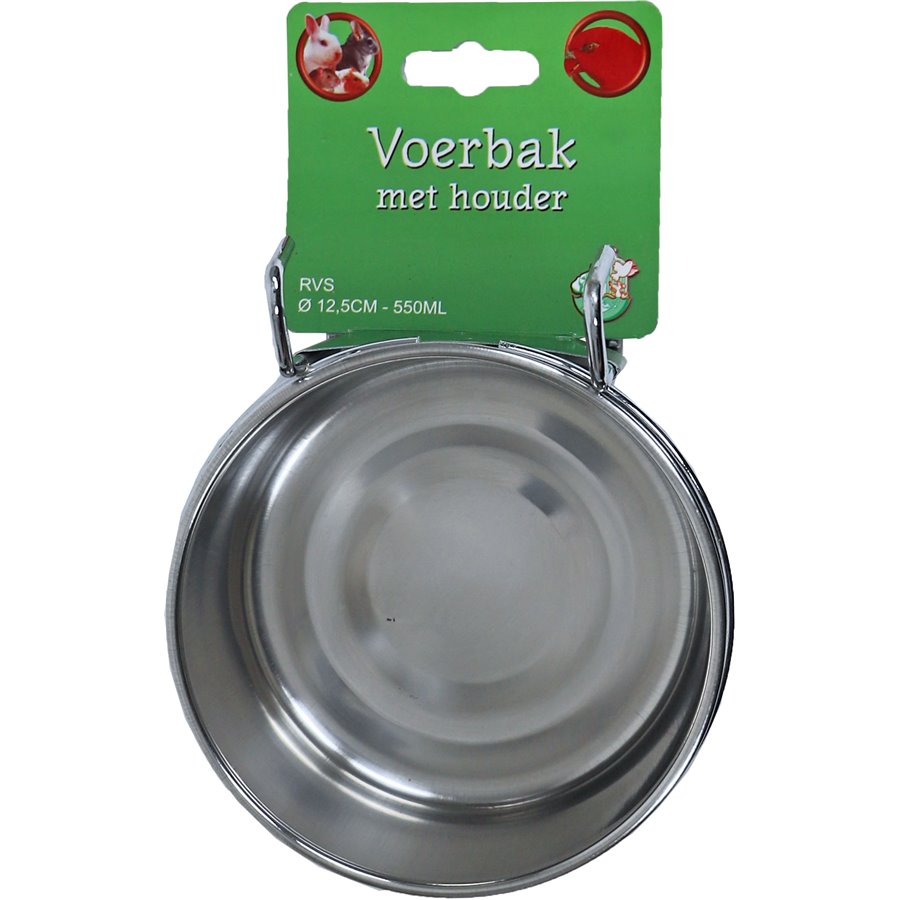 RVS voerbak met houder universeel, Ø 12,5 cm - 550 ml.