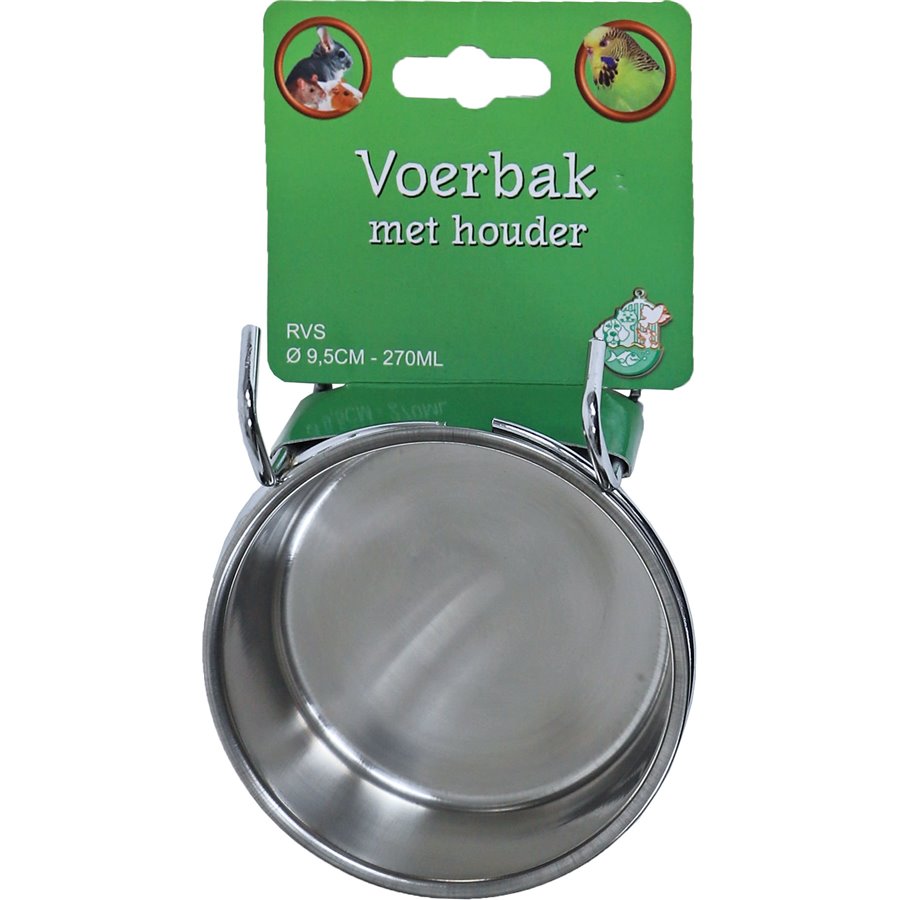 RVS voerbak met houder universeel, Ø 9,5 cm- 270 ml.